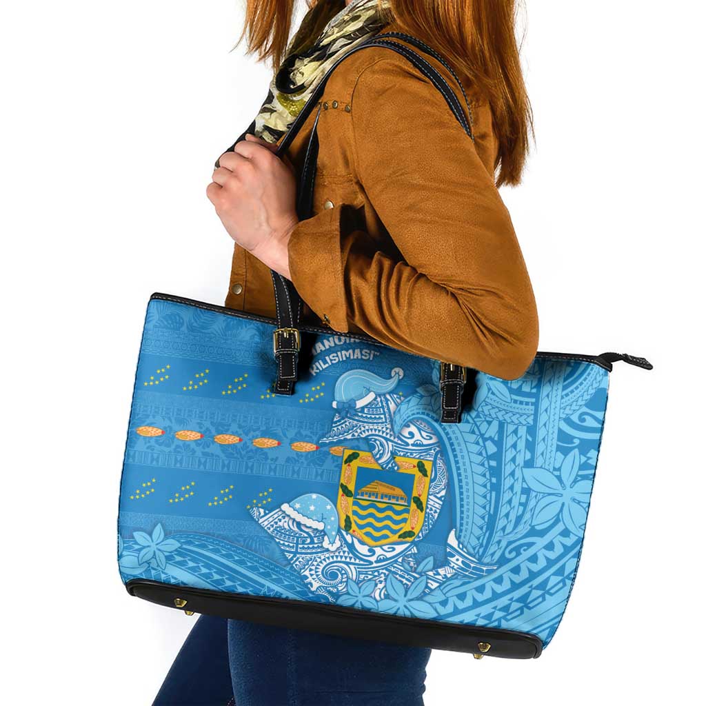 Tuvalu Christmas Leather Tote Bag Dolphins Santa Xmas Tribal Waves - Polynesian Pride