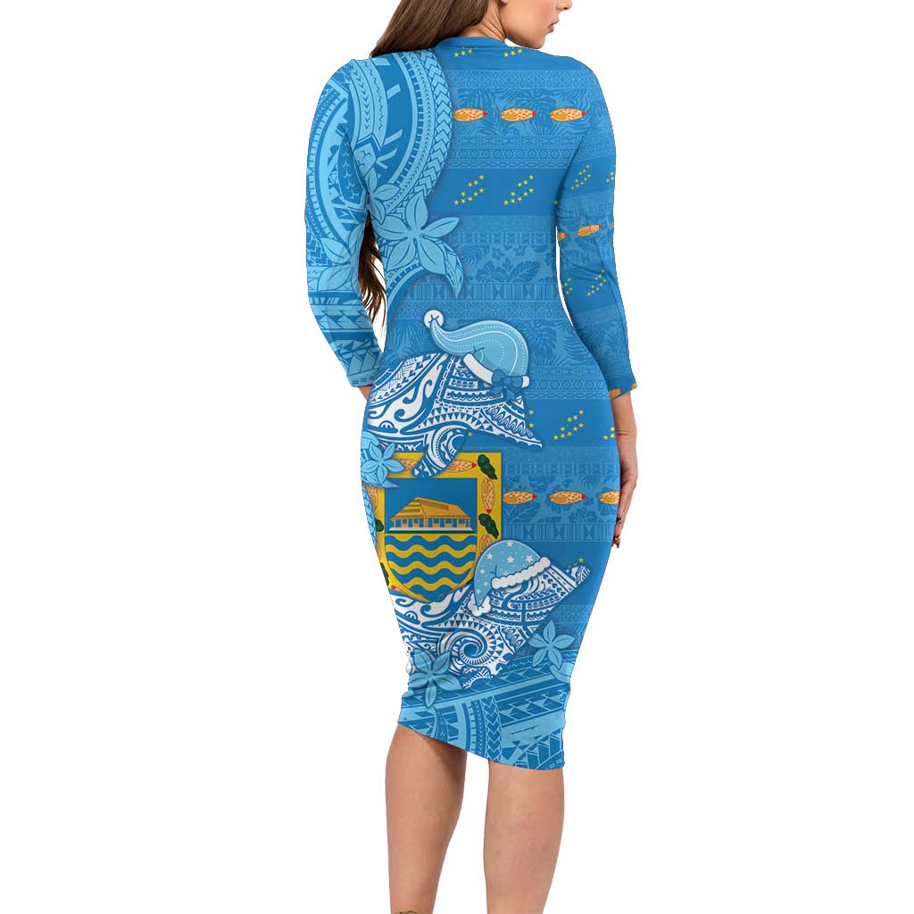 Tuvalu Christmas Long Sleeve Bodycon Dress Dolphins Santa Xmas Tribal Waves - Polynesian Pride