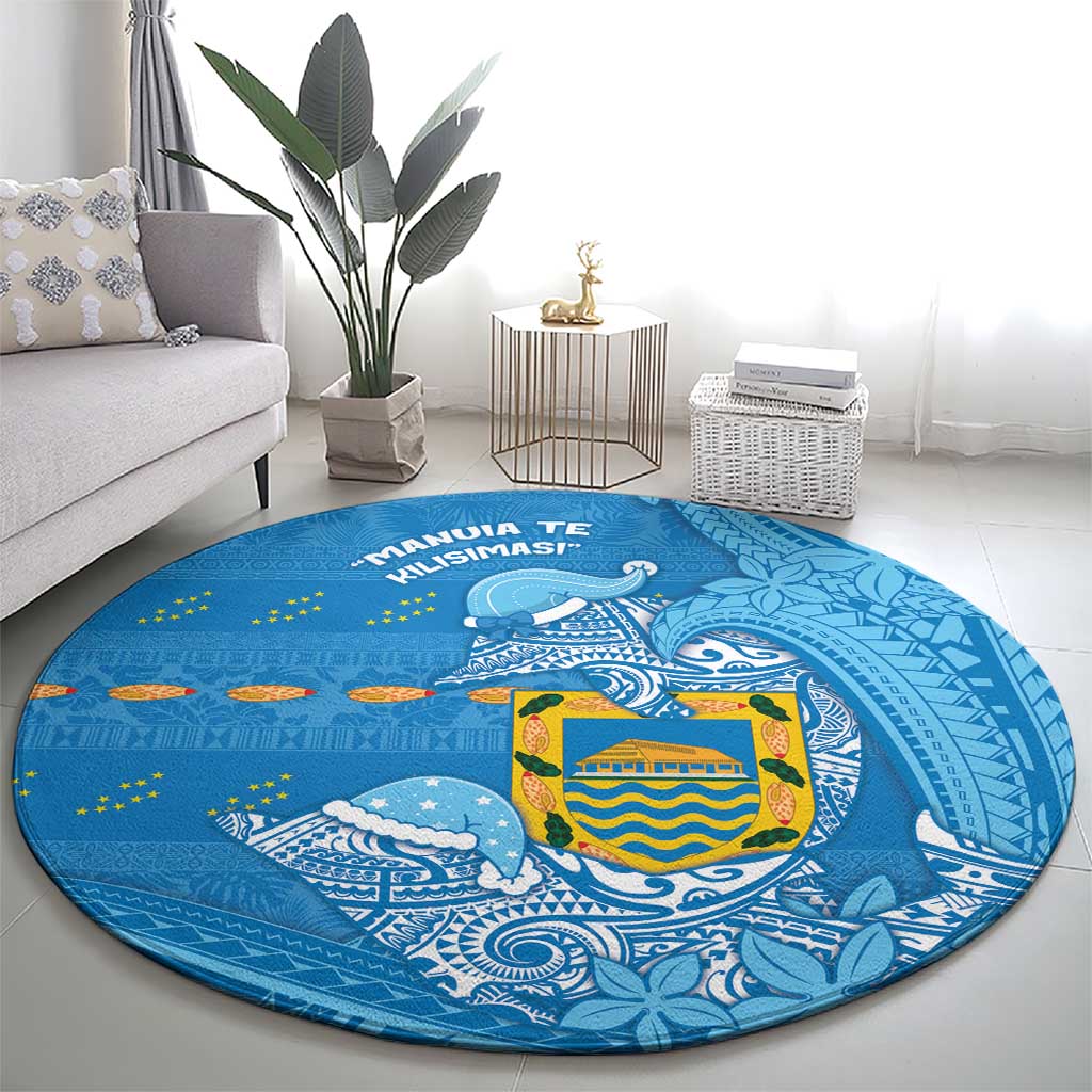 Tuvalu Christmas Round Carpet Dolphins Santa Xmas Tribal Waves - Polynesian Pride