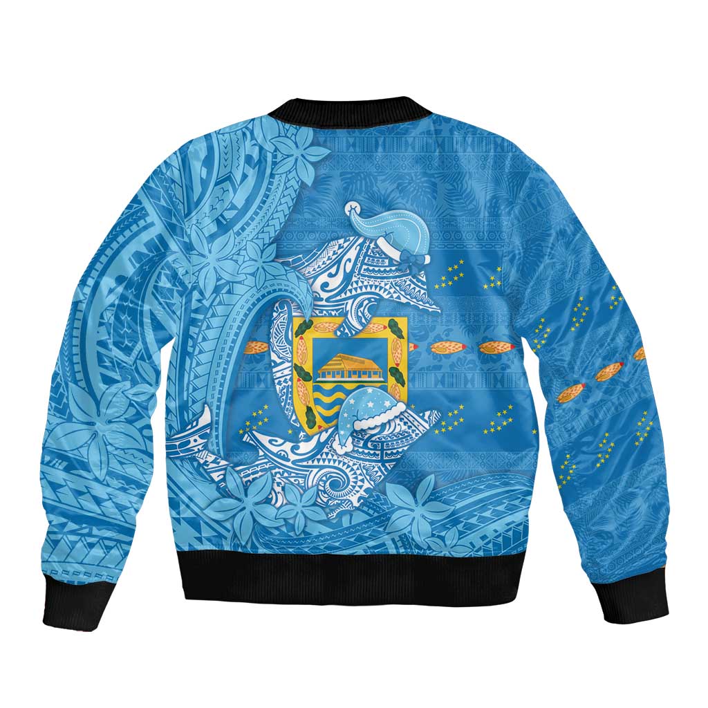 Tuvalu Christmas Sleeve Zip Bomber Jacket Dolphins Santa Xmas Tribal Waves - Polynesian Pride