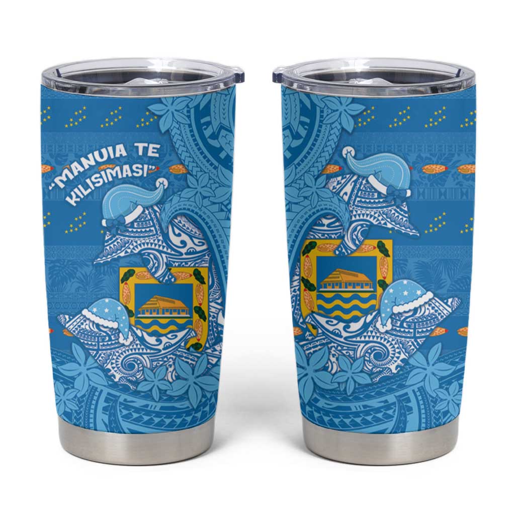 Tuvalu Christmas Tumbler Cup Dolphins Santa Xmas Tribal Waves - Polynesian Pride