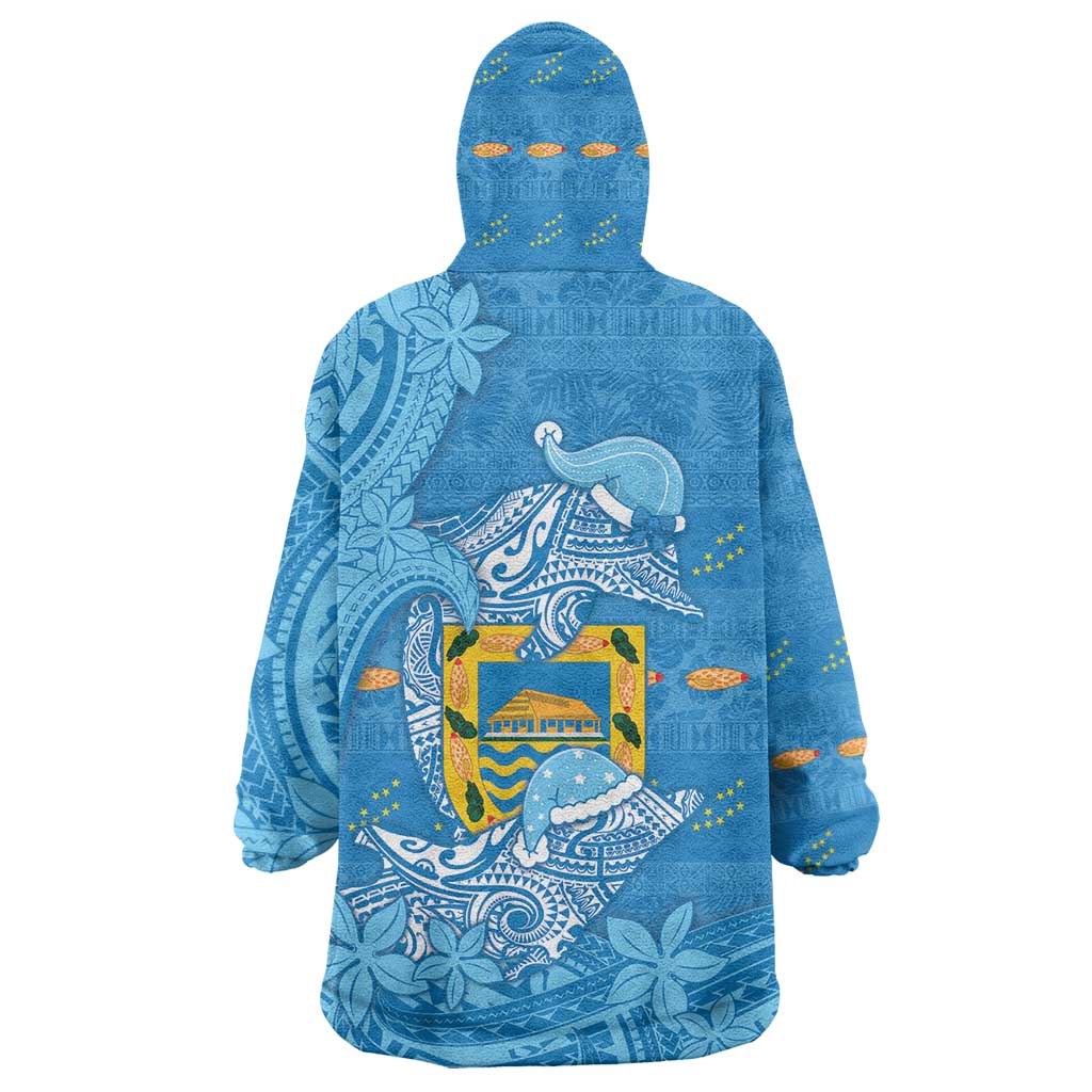 Tuvalu Christmas Wearable Blanket Hoodie Dolphins Santa Xmas Tribal Waves - Polynesian Pride
