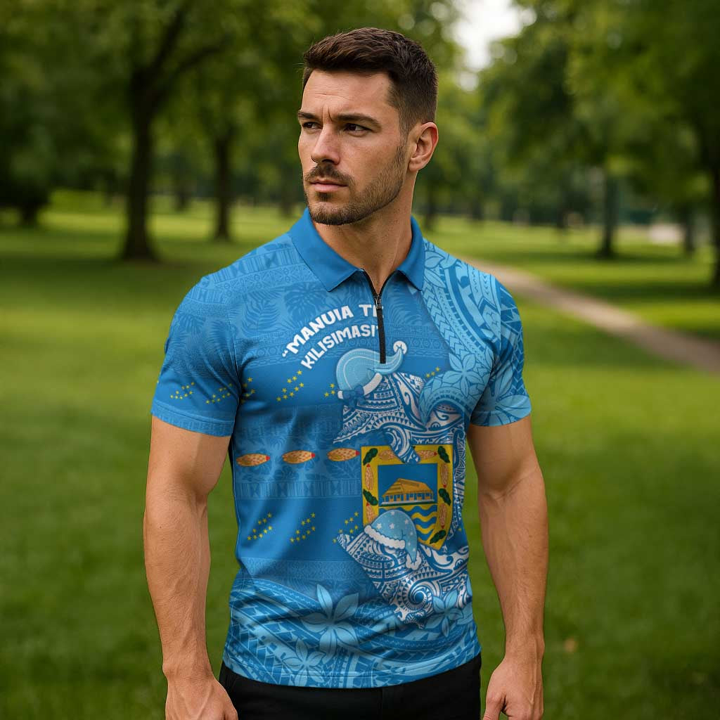 Tuvalu Christmas Zipper Polo Shirt Dolphins Santa Xmas Tribal Waves - Polynesian Pride