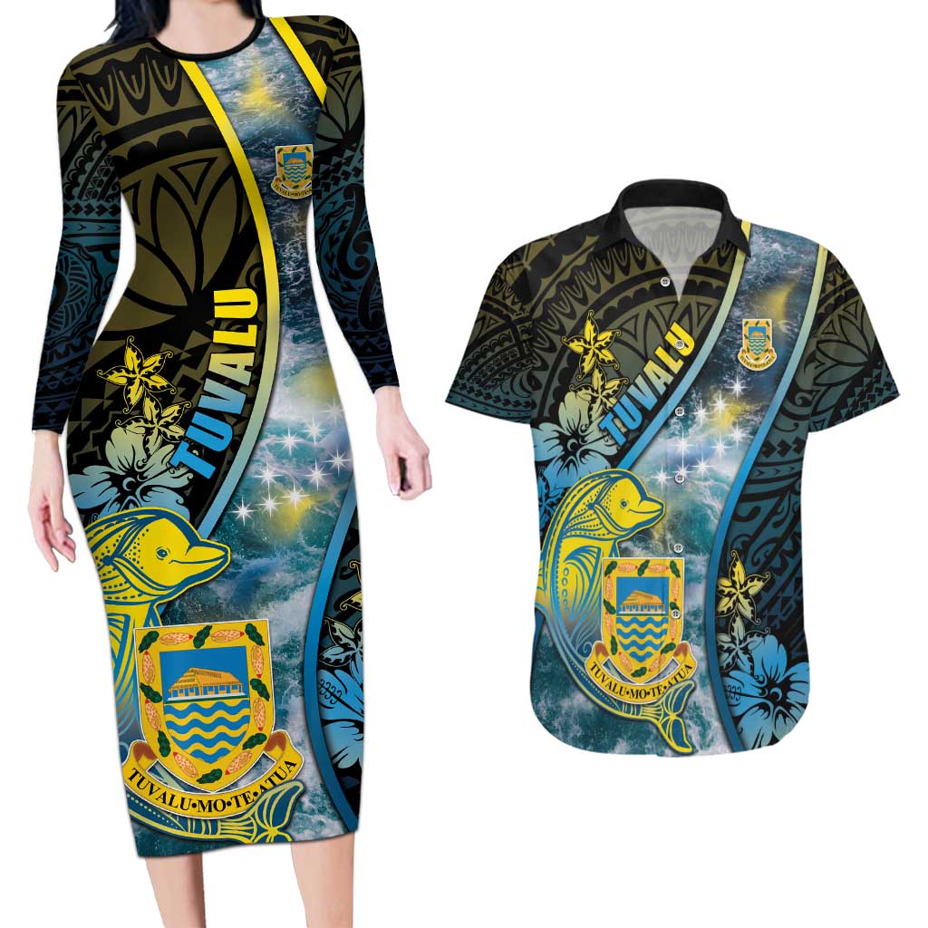 Personalised Tuvalu Couples Matching Long Sleeve Bodycon Dress and Hawaiian Shirt Dolphin On The Waves