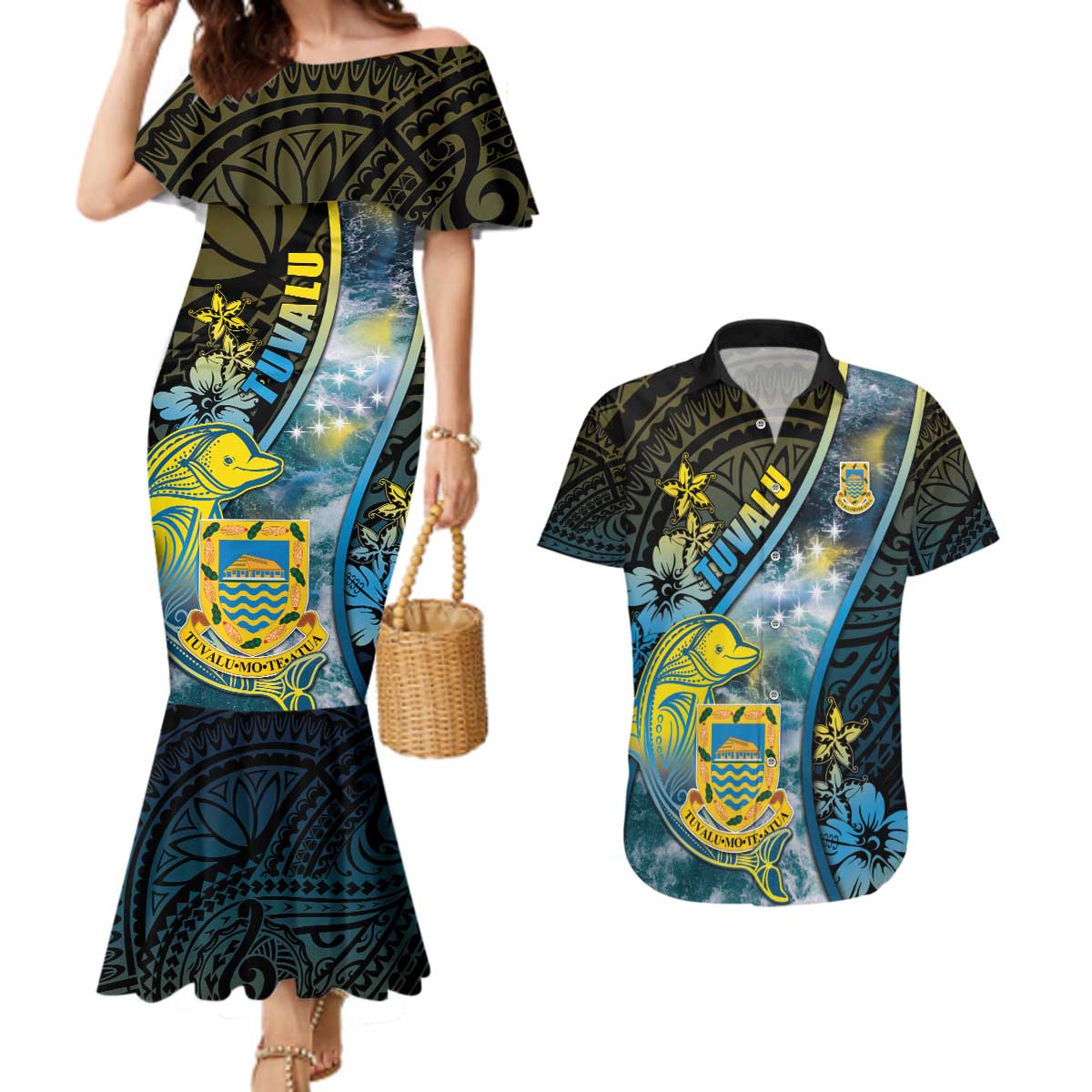Personalised Tuvalu Couples Matching Mermaid Dress and Hawaiian Shirt Dolphin On The Waves