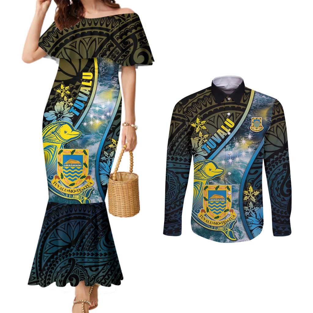 Personalised Tuvalu Couples Matching Mermaid Dress and Long Sleeve Button Shirt Dolphin On The Waves