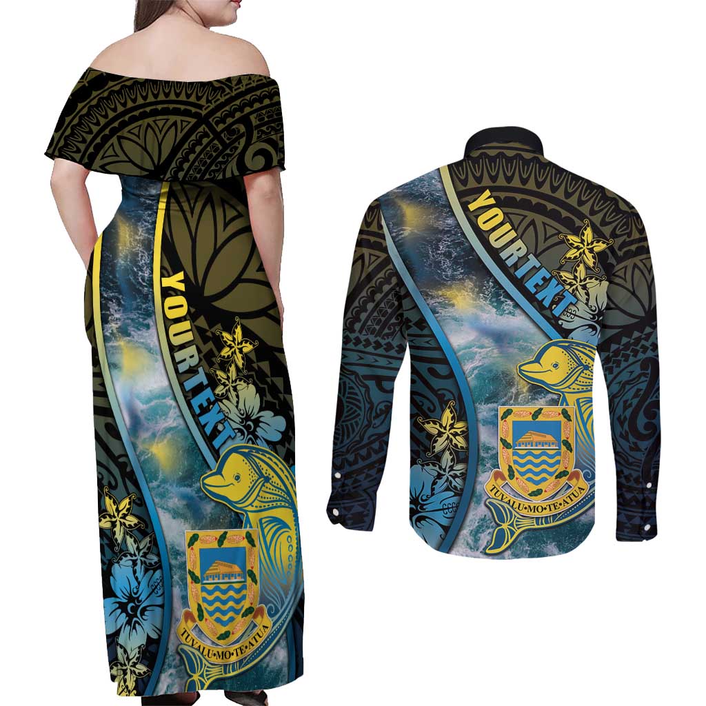 Personalised Tuvalu Couples Matching Off Shoulder Maxi Dress and Long Sleeve Button Shirt Dolphin On The Waves