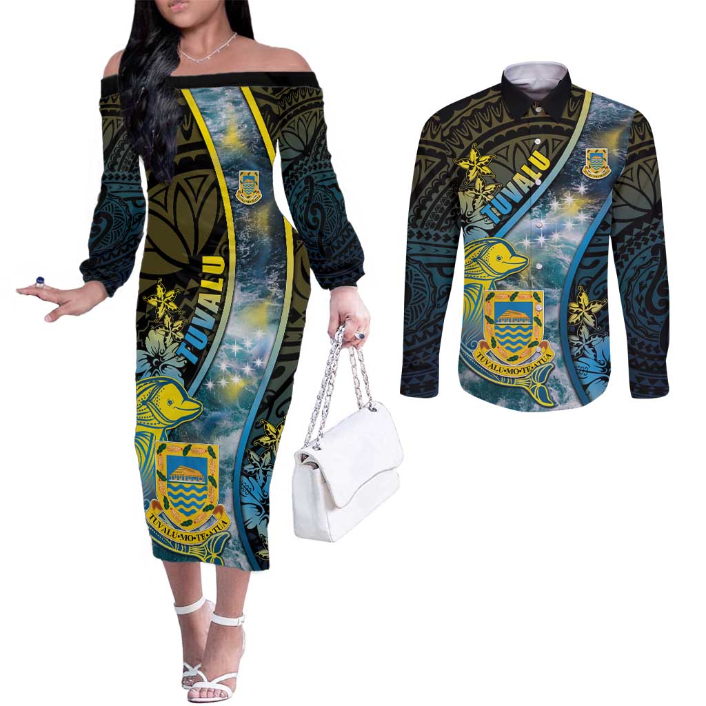 Personalised Tuvalu Couples Matching Off The Shoulder Long Sleeve Dress and Long Sleeve Button Shirt Dolphin On The Waves