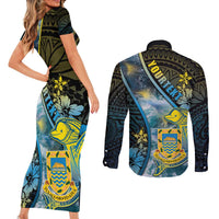 Personalised Tuvalu Couples Matching Short Sleeve Bodycon Dress and Long Sleeve Button Shirt Dolphin On The Waves