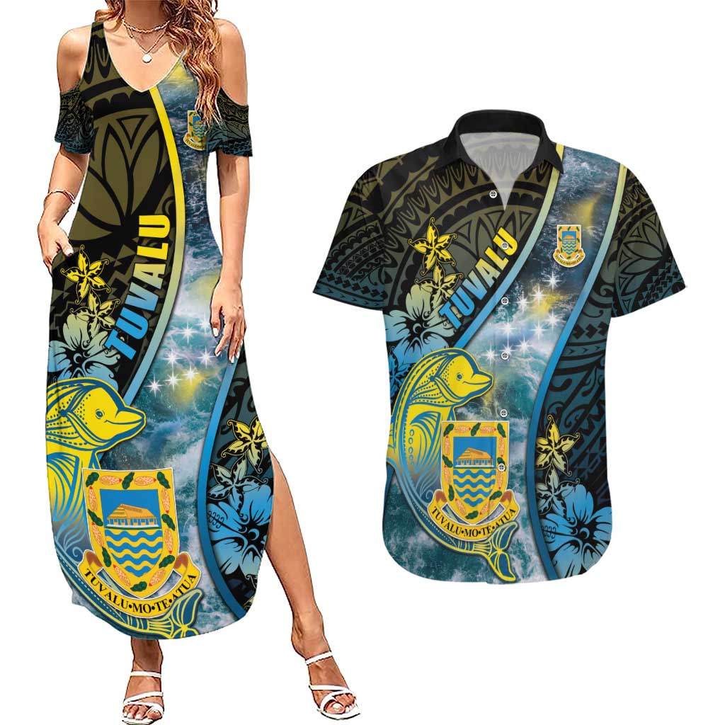 Personalised Tuvalu Couples Matching Summer Maxi Dress and Hawaiian Shirt Dolphin On The Waves