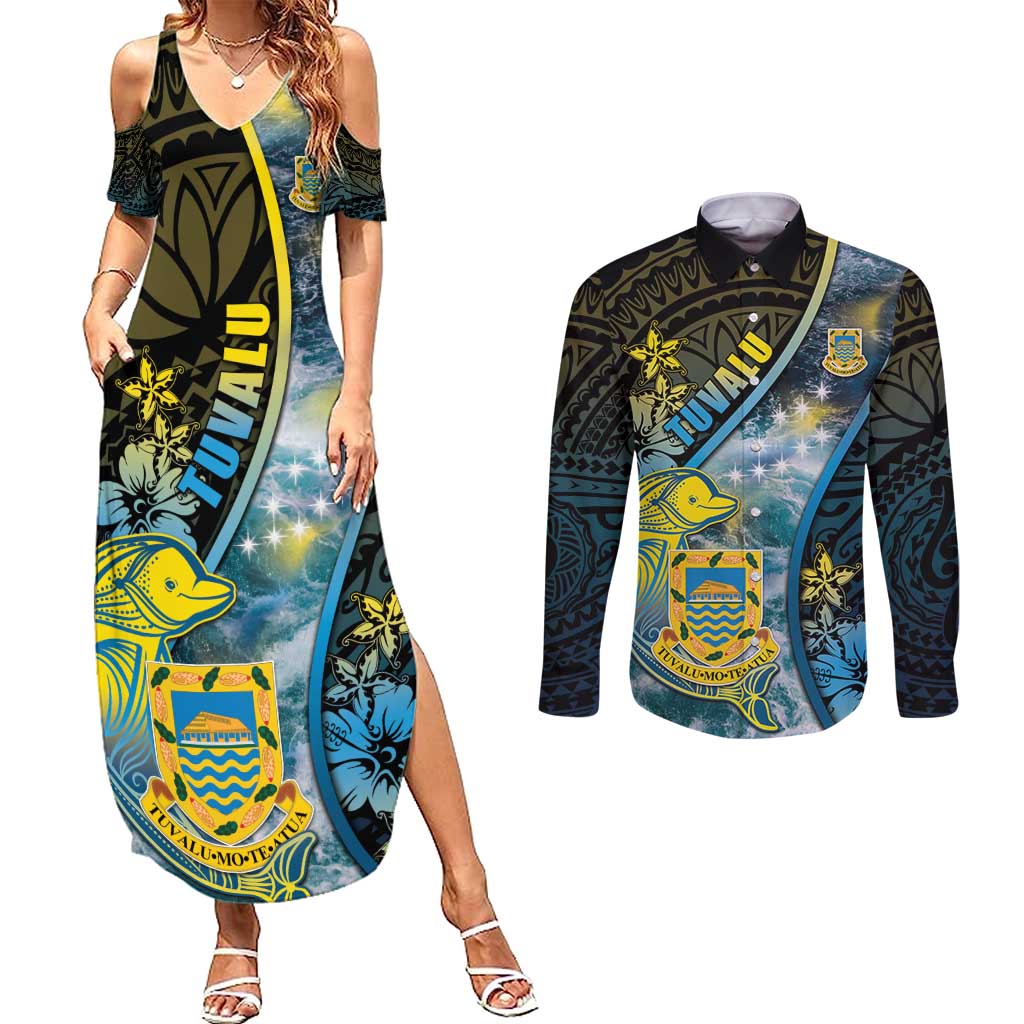 Personalised Tuvalu Couples Matching Summer Maxi Dress and Long Sleeve Button Shirt Dolphin On The Waves