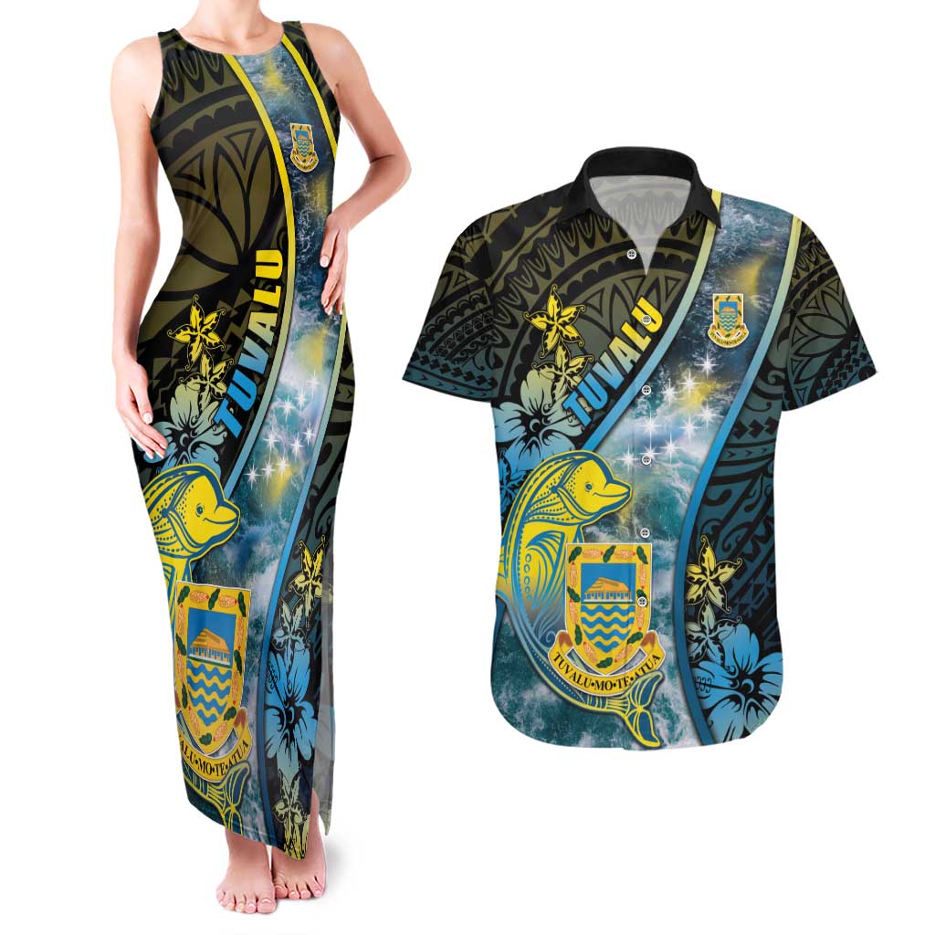 Personalised Tuvalu Couples Matching Tank Maxi Dress and Hawaiian Shirt Dolphin On The Waves