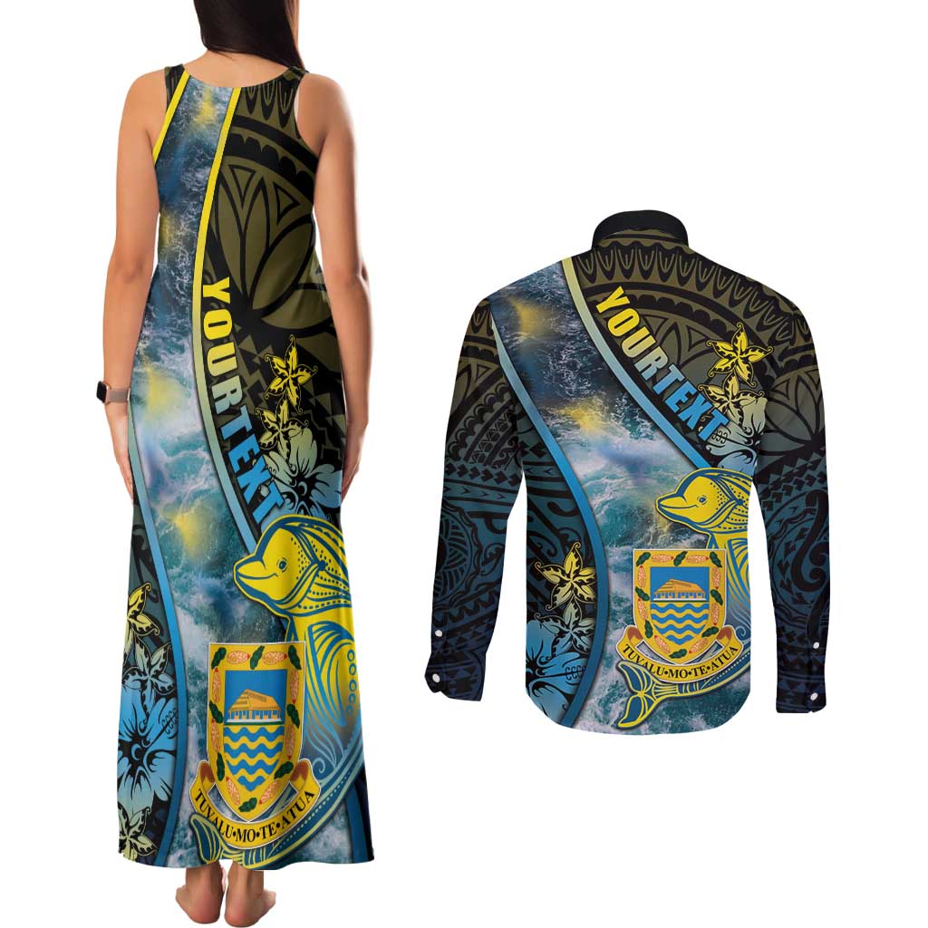 Personalised Tuvalu Couples Matching Tank Maxi Dress and Long Sleeve Button Shirt Dolphin On The Waves