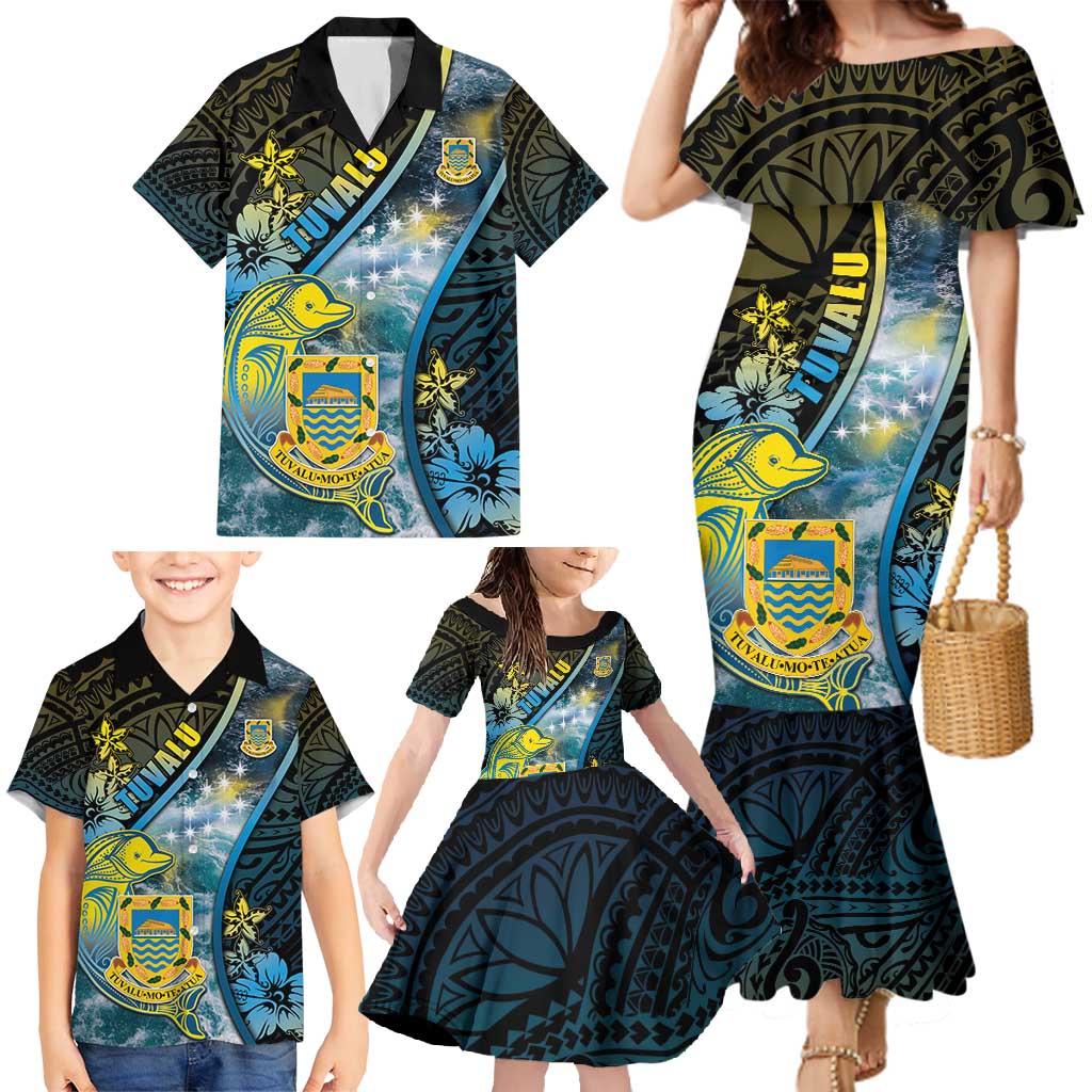 Personalised Tuvalu Family Matching Mermaid Dress and Hawaiian Shirt Dolphin On The Waves