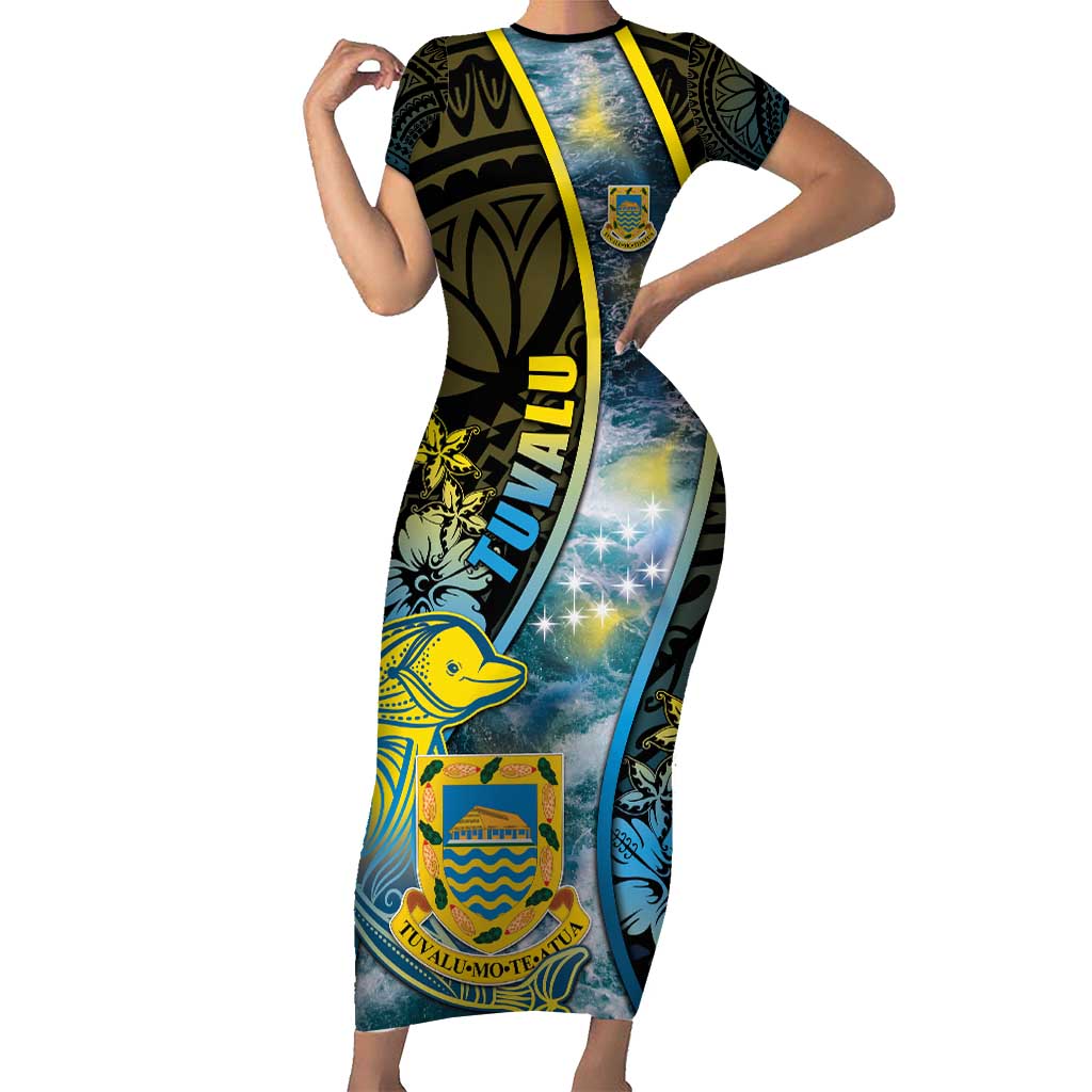 Personalised Tuvalu Family Matching Short Sleeve Bodycon Dress and Hawaiian Shirt Dolphin On The Waves