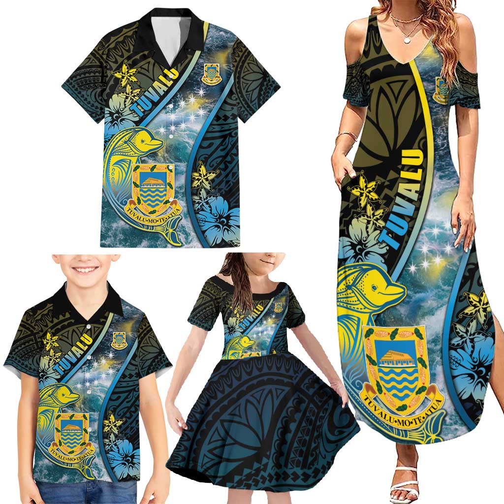 Personalised Tuvalu Family Matching Summer Maxi Dress and Hawaiian Shirt Dolphin On The Waves