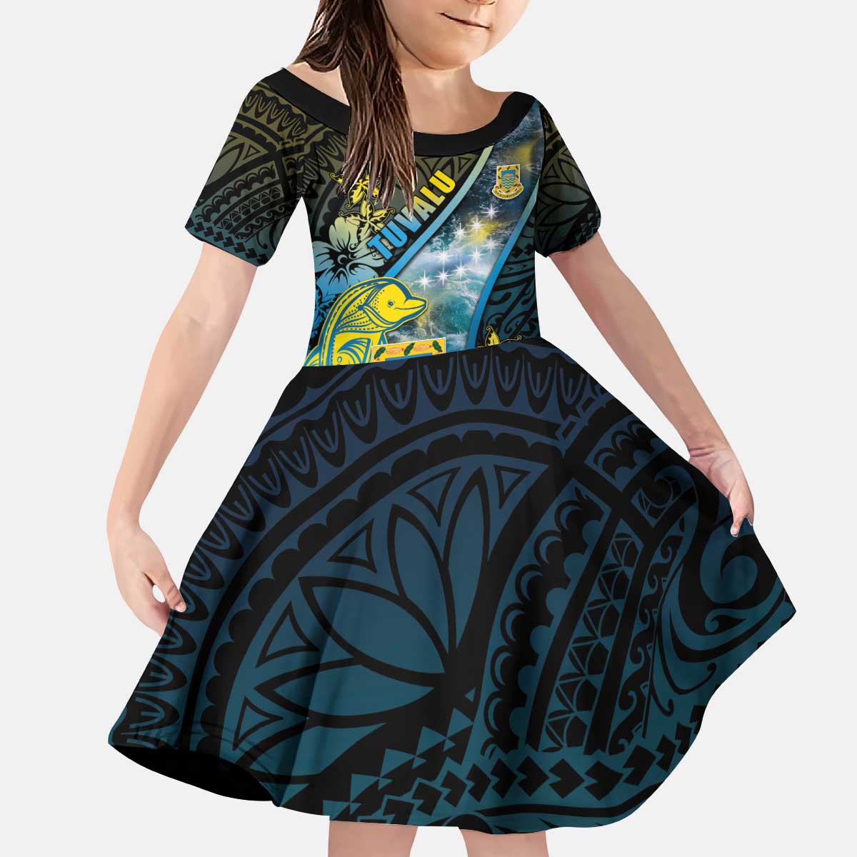 Personalised Tuvalu Kid Short Sleeve Dress Dolphin On The Waves