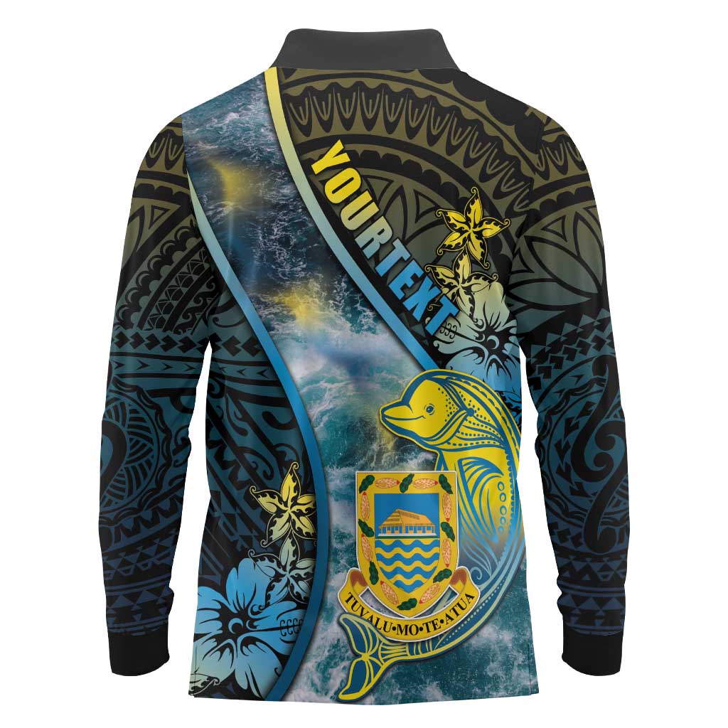 Personalised Tuvalu Long Sleeve Polo Shirt Dolphin On The Waves