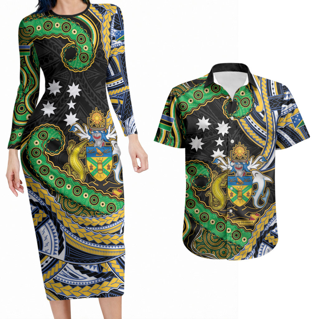 South Sea Islanders And Solomon Islands Couples Matching Long Sleeve Bodycon Dress and Hawaiian Shirt Solomons Coat Of Arms And Southern Cross DT05 Black - Polynesian Pride