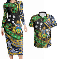 South Sea Islanders And Solomon Islands Couples Matching Long Sleeve Bodycon Dress and Hawaiian Shirt Solomons Coat Of Arms And Southern Cross DT05 Black - Polynesian Pride