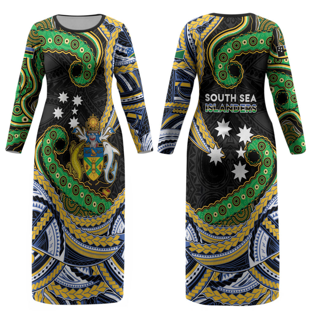 South Sea Islanders And Solomon Islands Couples Matching Long Sleeve Bodycon Dress and Hawaiian Shirt Solomons Coat Of Arms And Southern Cross DT05 - Polynesian Pride