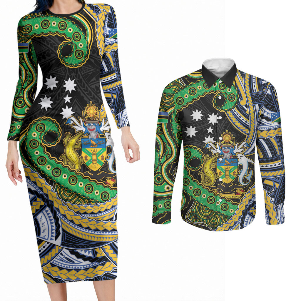 South Sea Islanders And Solomon Islands Couples Matching Long Sleeve Bodycon Dress and Long Sleeve Button Shirt Solomons Coat Of Arms And Southern Cross DT05 Black - Polynesian Pride