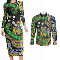 South Sea Islanders And Solomon Islands Couples Matching Long Sleeve Bodycon Dress and Long Sleeve Button Shirt Solomons Coat Of Arms And Southern Cross DT05 Black - Polynesian Pride