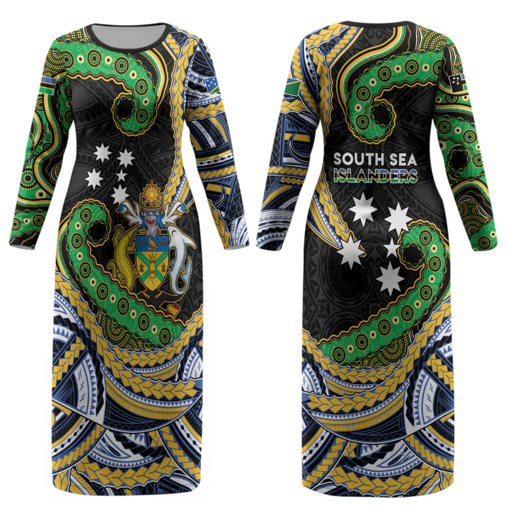 South Sea Islanders And Solomon Islands Couples Matching Long Sleeve Bodycon Dress and Long Sleeve Button Shirt Solomons Coat Of Arms And Southern Cross DT05 - Polynesian Pride
