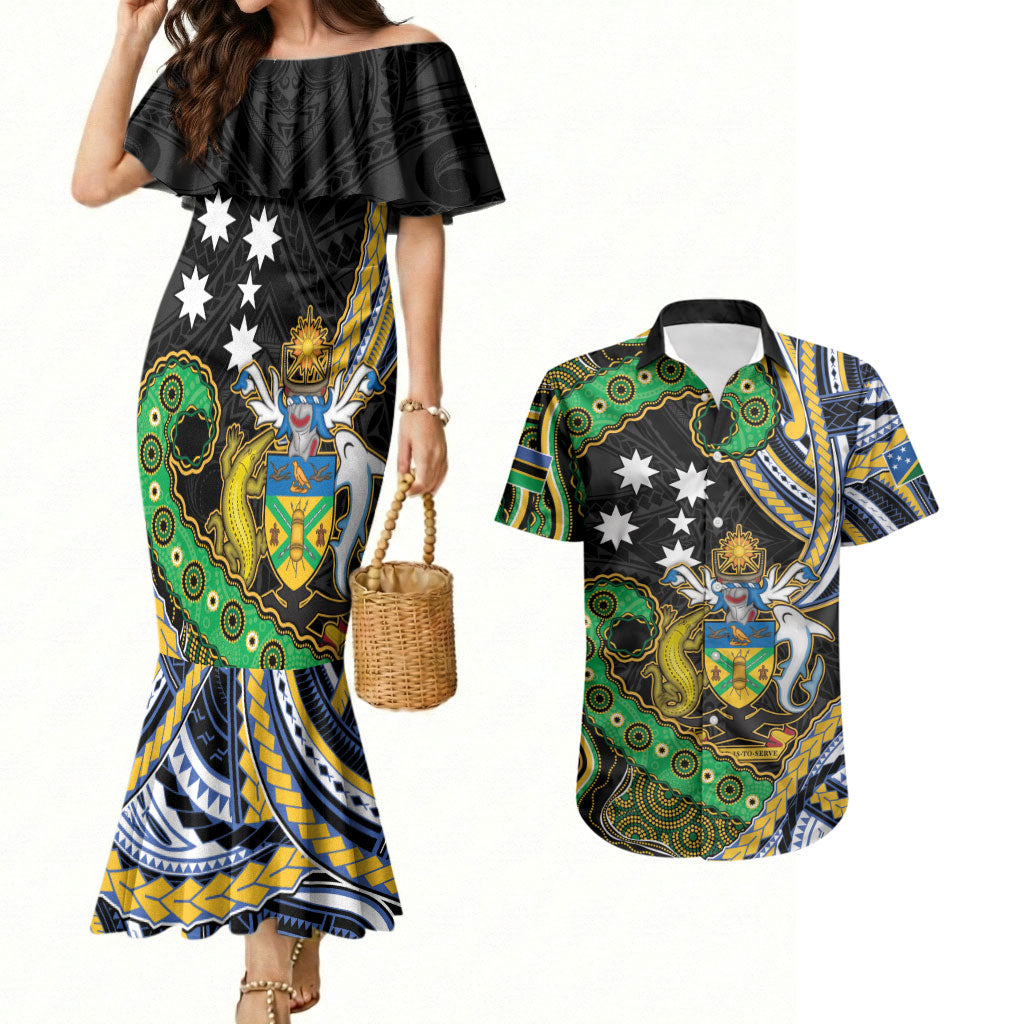 South Sea Islanders And Solomon Islands Couples Matching Mermaid Dress and Hawaiian Shirt Solomons Coat Of Arms And Southern Cross DT05 Black - Polynesian Pride