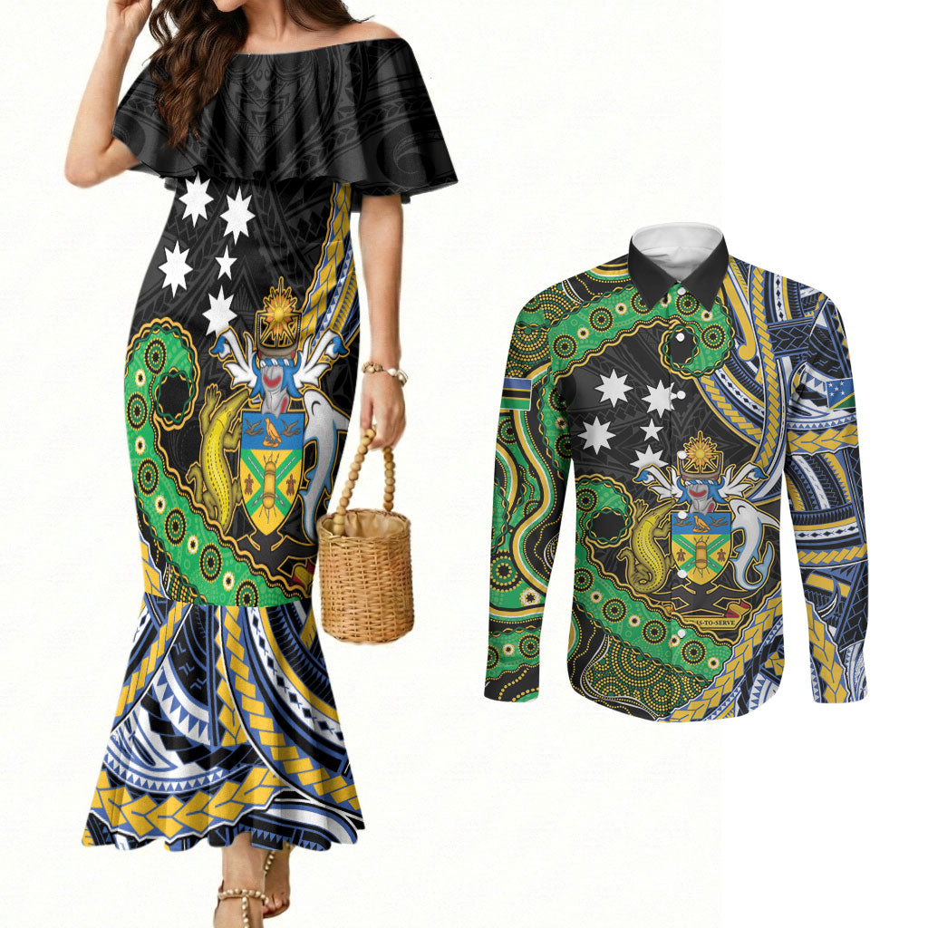 South Sea Islanders And Solomon Islands Couples Matching Mermaid Dress and Long Sleeve Button Shirt Solomons Coat Of Arms And Southern Cross DT05 Black - Polynesian Pride