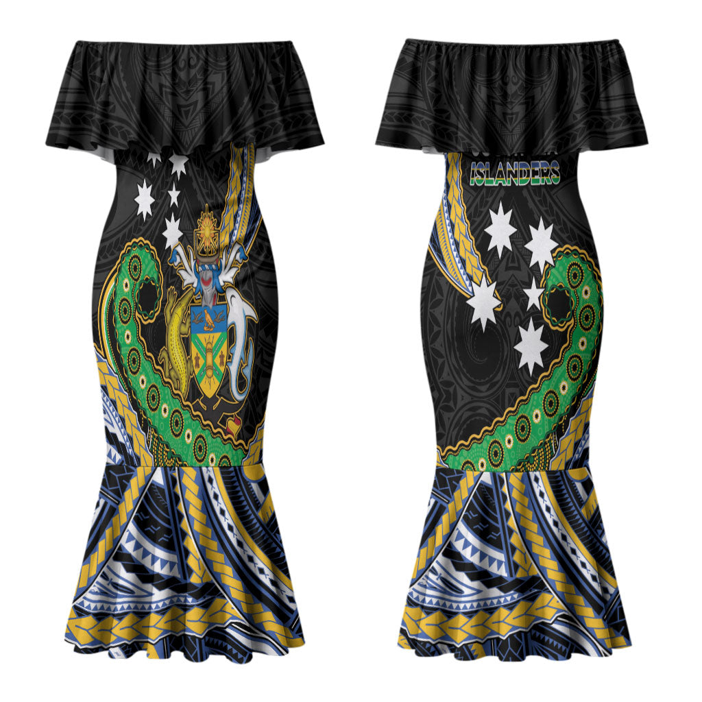South Sea Islanders And Solomon Islands Couples Matching Mermaid Dress and Long Sleeve Button Shirt Solomons Coat Of Arms And Southern Cross DT05 - Polynesian Pride