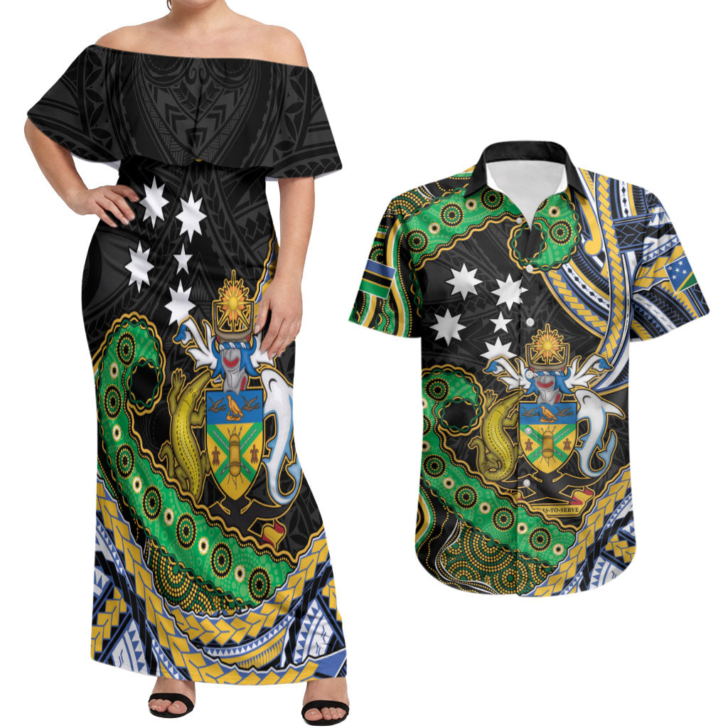 South Sea Islanders And Solomon Islands Couples Matching Off Shoulder Maxi Dress and Hawaiian Shirt Solomons Coat Of Arms And Southern Cross DT05 Black - Polynesian Pride