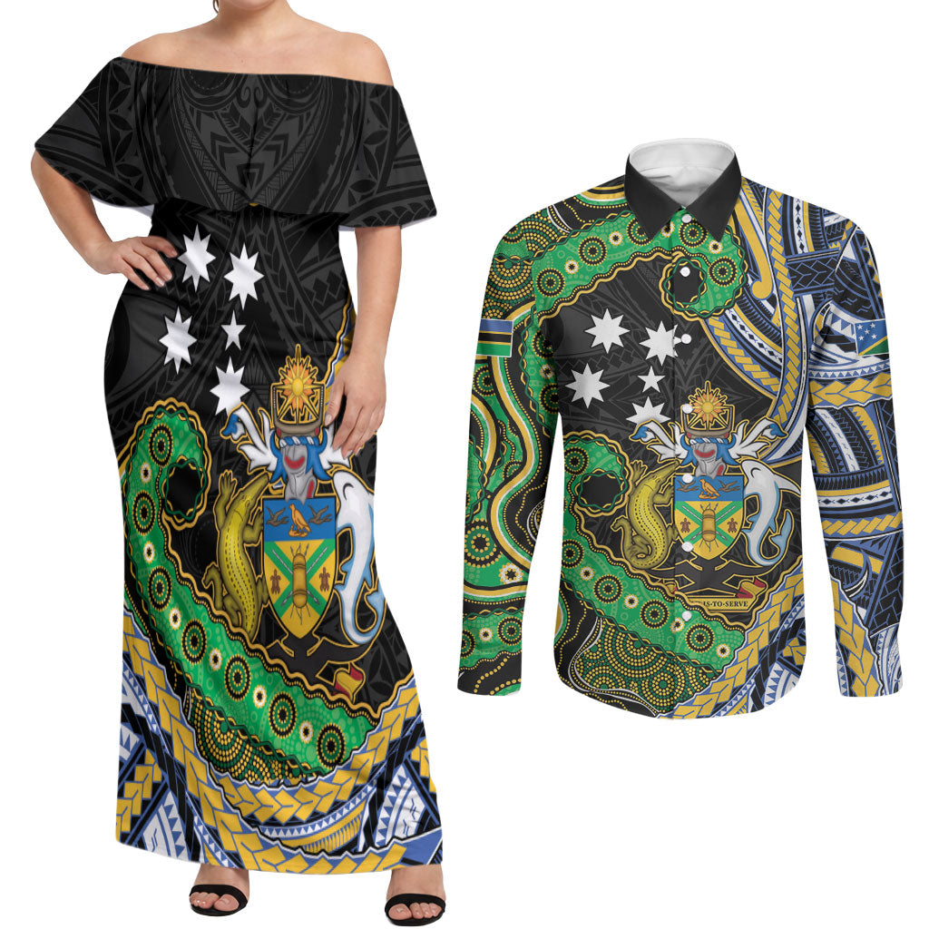 South Sea Islanders And Solomon Islands Couples Matching Off Shoulder Maxi Dress and Long Sleeve Button Shirt Solomons Coat Of Arms And Southern Cross DT05 Black - Polynesian Pride
