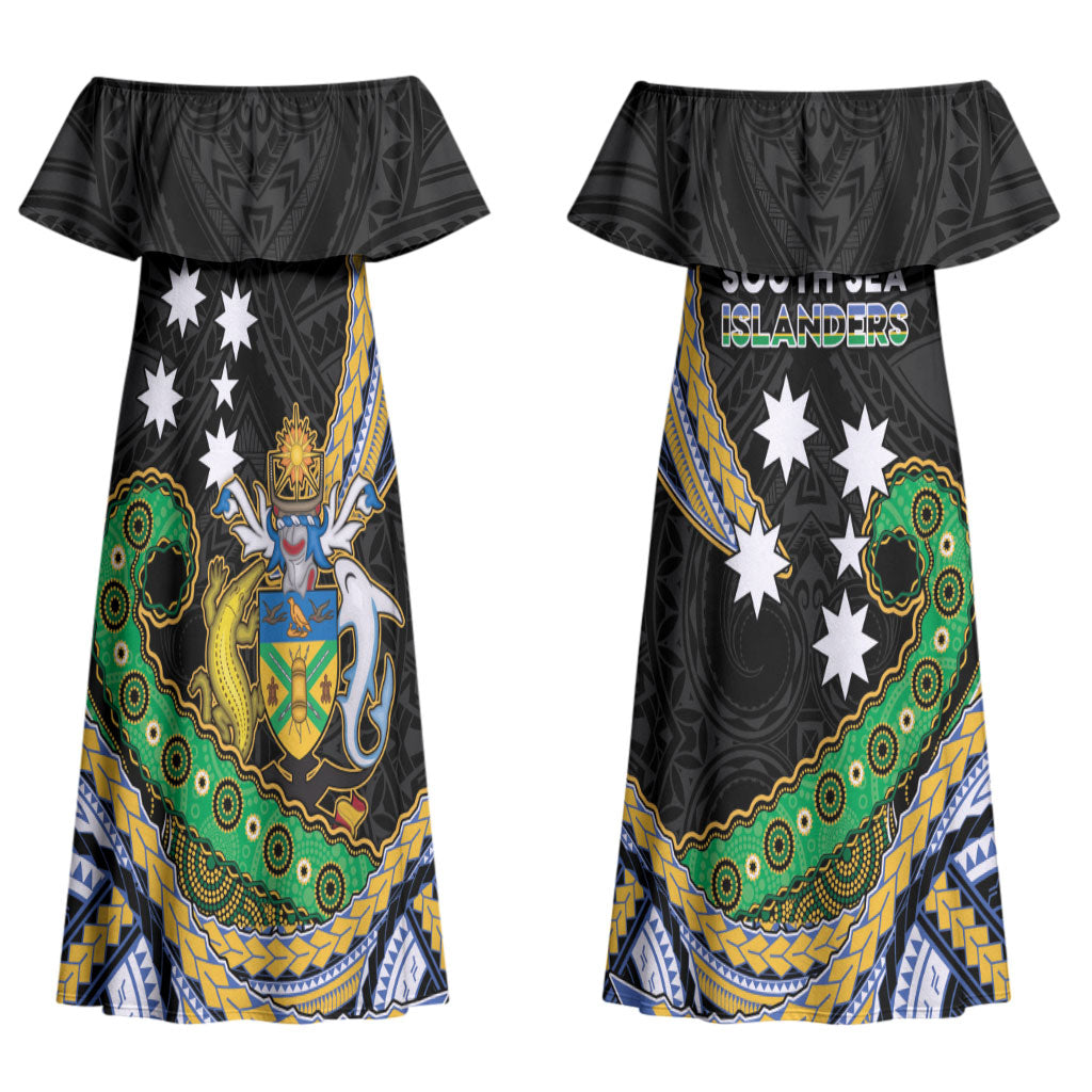 South Sea Islanders And Solomon Islands Couples Matching Off Shoulder Maxi Dress and Long Sleeve Button Shirt Solomons Coat Of Arms And Southern Cross DT05 - Polynesian Pride