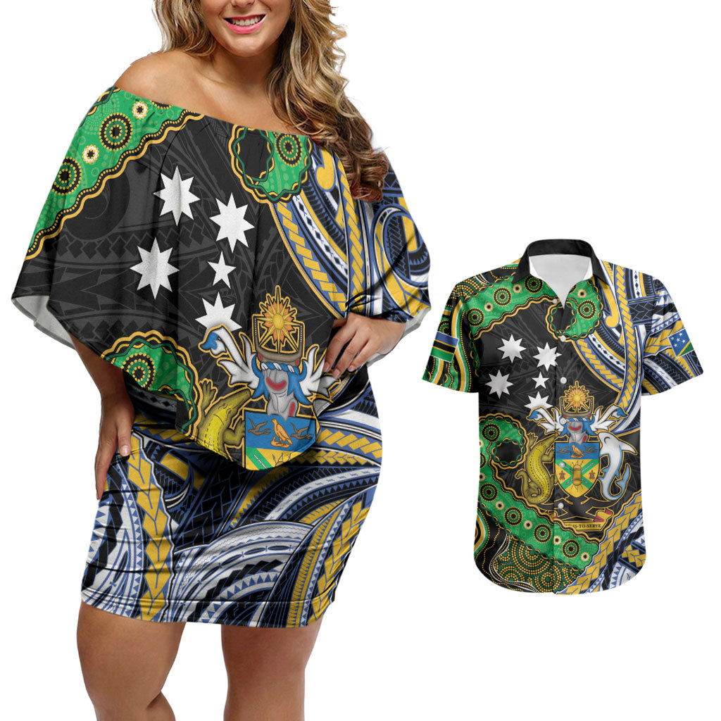 South Sea Islanders And Solomon Islands Couples Matching Off Shoulder Short Dress and Hawaiian Shirt Solomons Coat Of Arms And Southern Cross DT05 Black - Polynesian Pride