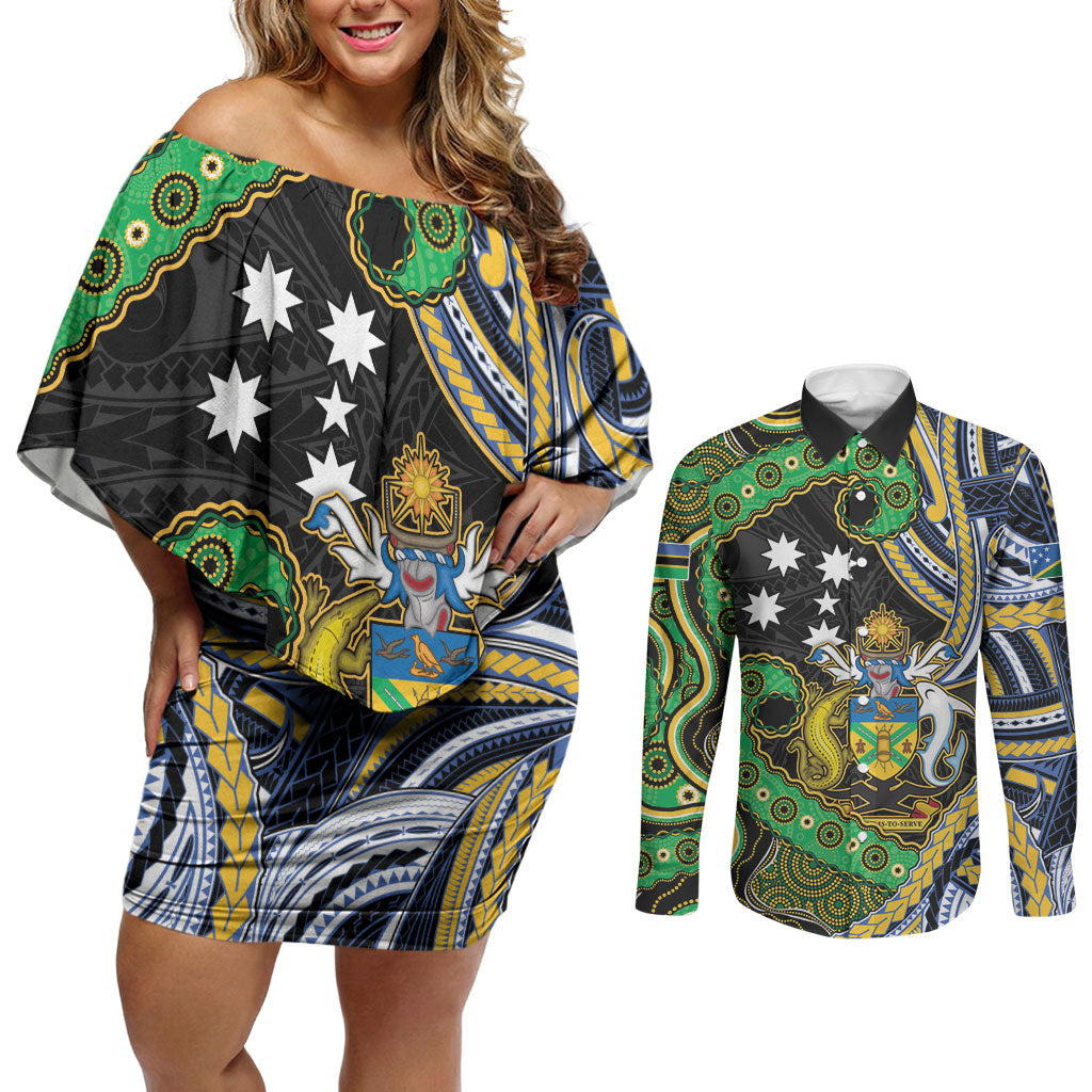 South Sea Islanders And Solomon Islands Couples Matching Off Shoulder Short Dress and Long Sleeve Button Shirt Solomons Coat Of Arms And Southern Cross DT05 Black - Polynesian Pride
