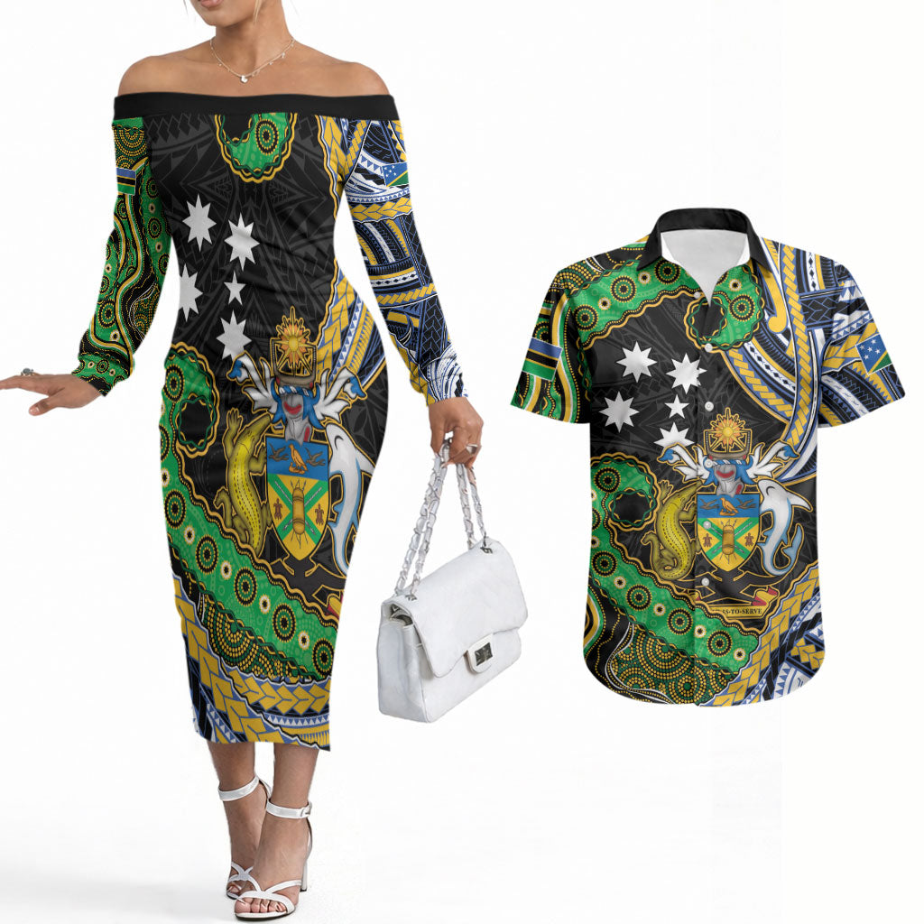 South Sea Islanders And Solomon Islands Couples Matching Off The Shoulder Long Sleeve Dress and Hawaiian Shirt Solomons Coat Of Arms And Southern Cross DT05 Black - Polynesian Pride