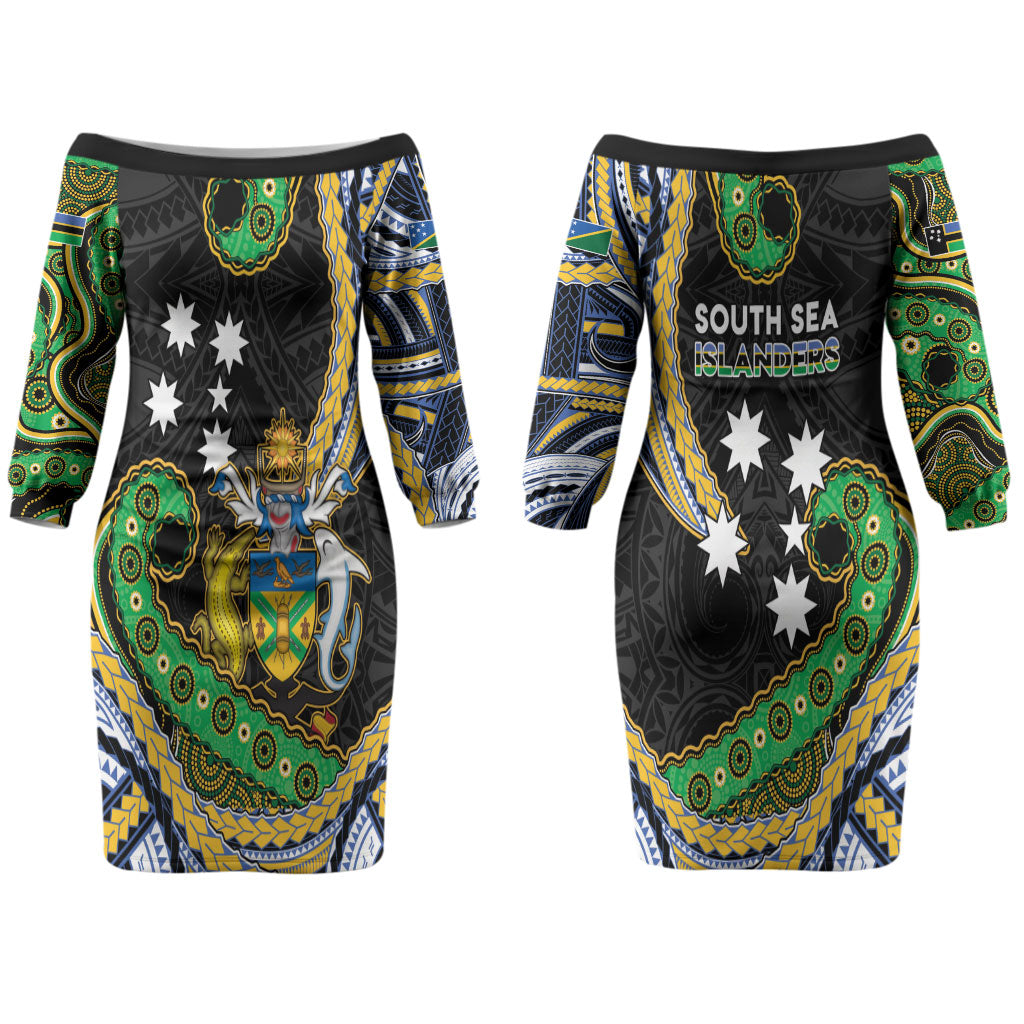 South Sea Islanders And Solomon Islands Couples Matching Off The Shoulder Long Sleeve Dress and Long Sleeve Button Shirt Solomons Coat Of Arms And Southern Cross DT05 - Polynesian Pride