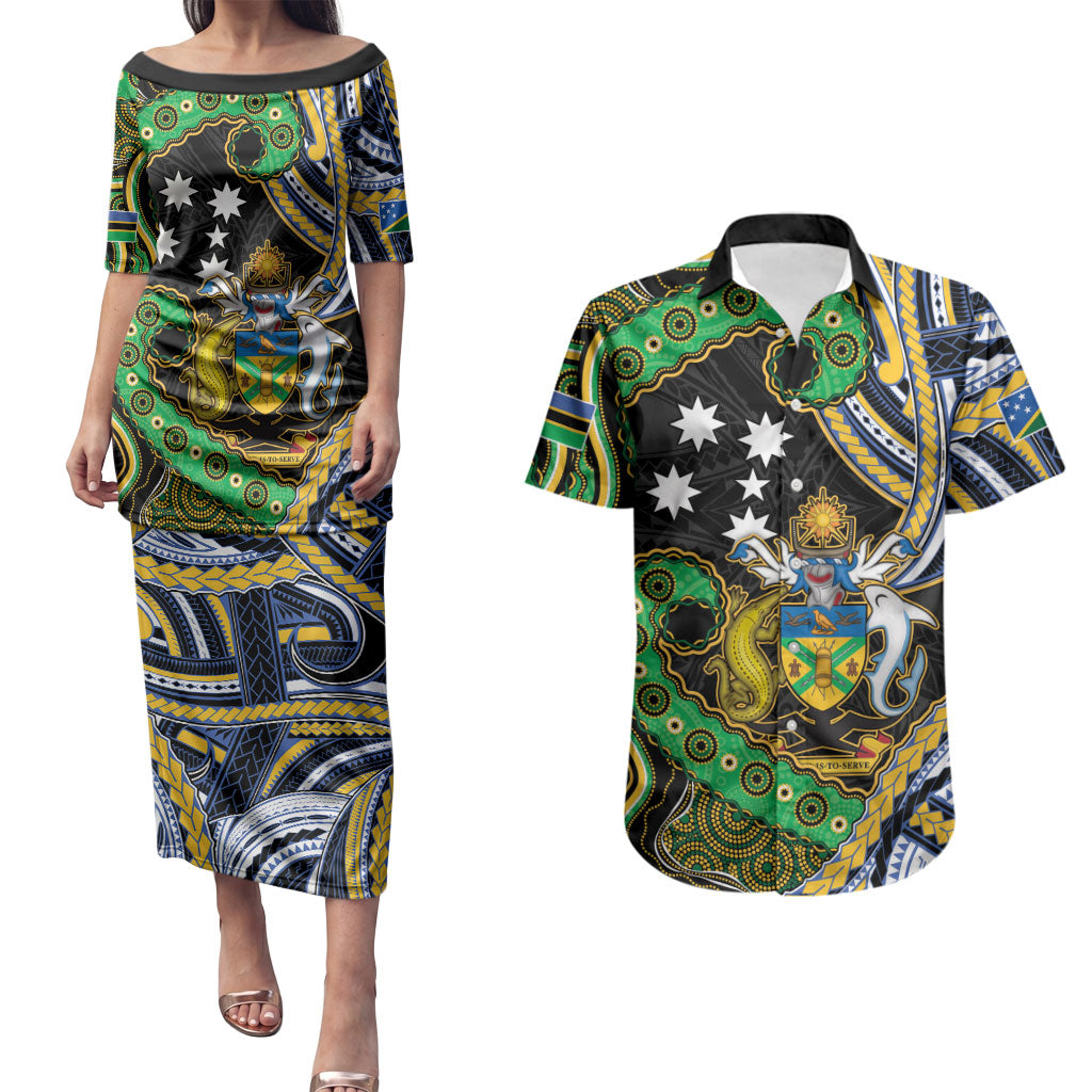 South Sea Islanders And Solomon Islands Couples Matching Puletasi and Hawaiian Shirt Solomons Coat Of Arms And Southern Cross DT05 Black - Polynesian Pride