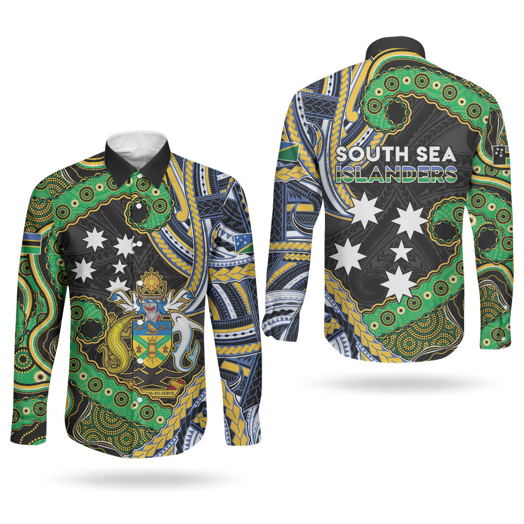 South Sea Islanders And Solomon Islands Couples Matching Puletasi and Long Sleeve Button Shirt Solomons Coat Of Arms And Southern Cross DT05 - Polynesian Pride