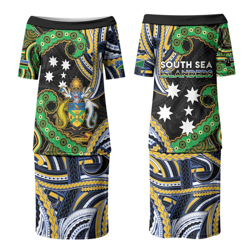 South Sea Islanders And Solomon Islands Couples Matching Puletasi and Long Sleeve Button Shirt Solomons Coat Of Arms And Southern Cross DT05 - Polynesian Pride