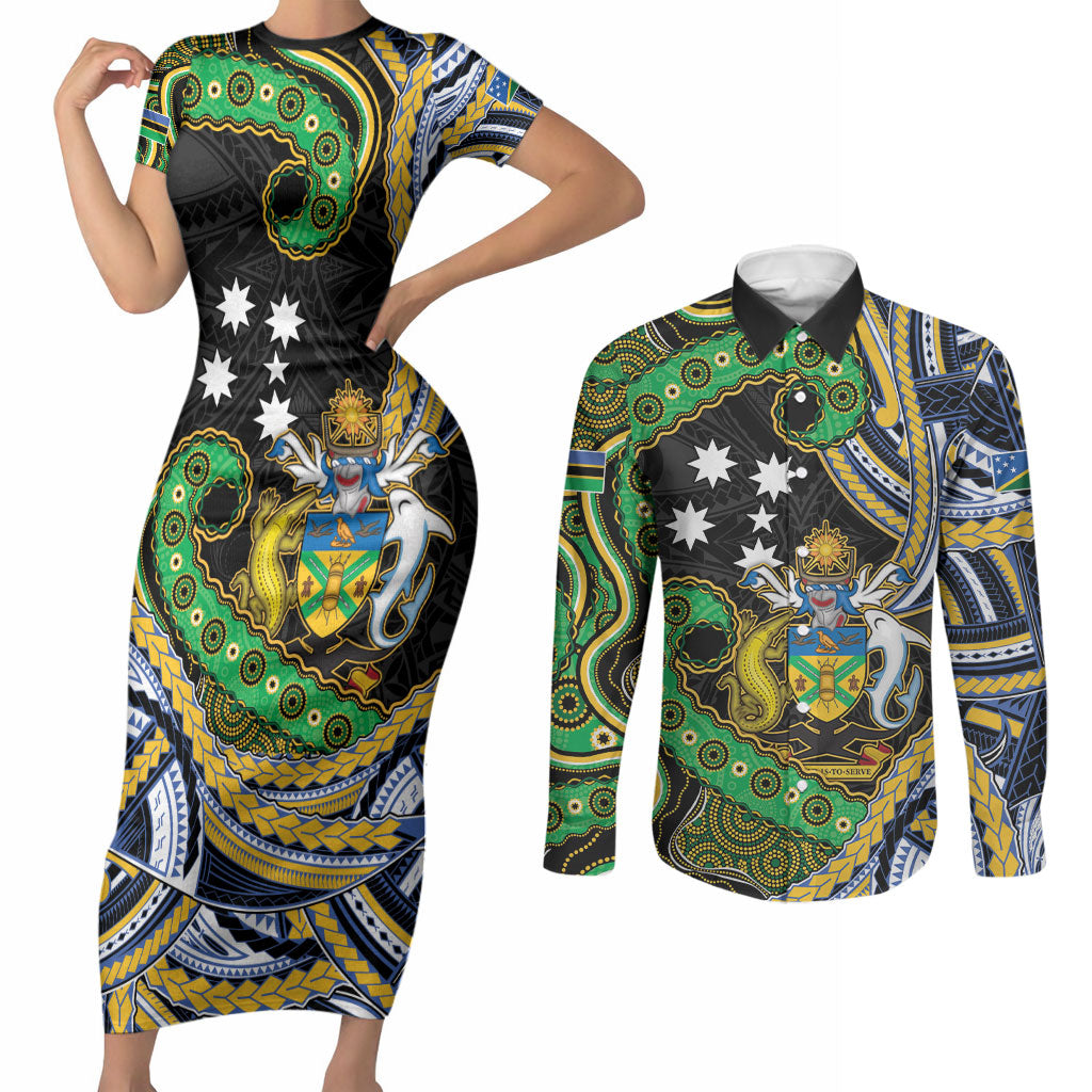 South Sea Islanders And Solomon Islands Couples Matching Short Sleeve Bodycon Dress and Long Sleeve Button Shirt Solomons Coat Of Arms And Southern Cross DT05 Black - Polynesian Pride
