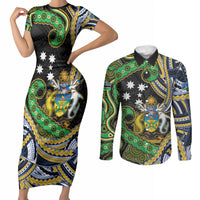 South Sea Islanders And Solomon Islands Couples Matching Short Sleeve Bodycon Dress and Long Sleeve Button Shirt Solomons Coat Of Arms And Southern Cross DT05 Black - Polynesian Pride