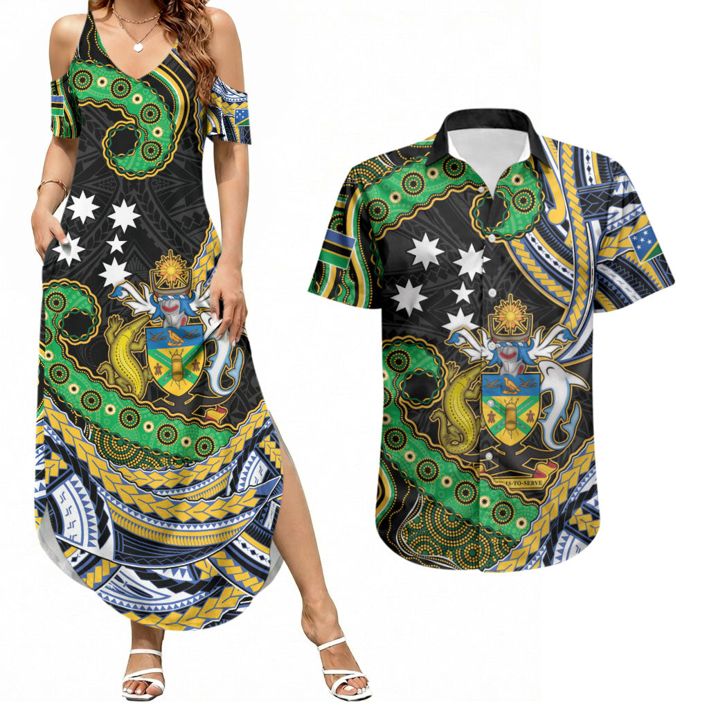 South Sea Islanders And Solomon Islands Couples Matching Summer Maxi Dress and Hawaiian Shirt Solomons Coat Of Arms And Southern Cross DT05 Black - Polynesian Pride