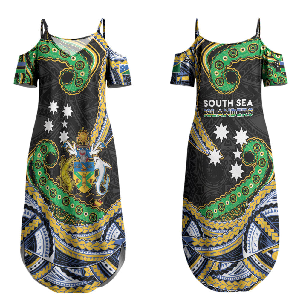 South Sea Islanders And Solomon Islands Couples Matching Summer Maxi Dress and Hawaiian Shirt Solomons Coat Of Arms And Southern Cross DT05 - Polynesian Pride