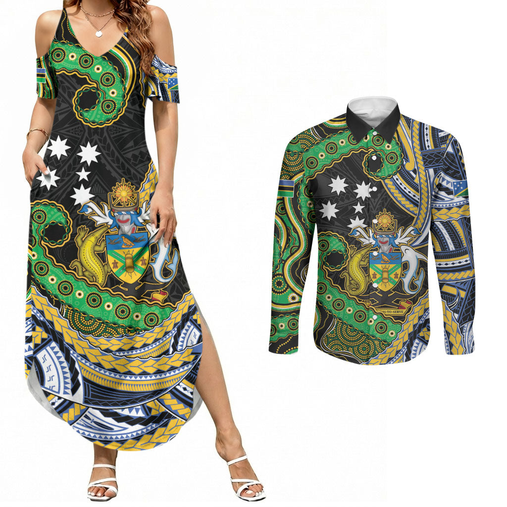 South Sea Islanders And Solomon Islands Couples Matching Summer Maxi Dress and Long Sleeve Button Shirt Solomons Coat Of Arms And Southern Cross DT05 Black - Polynesian Pride