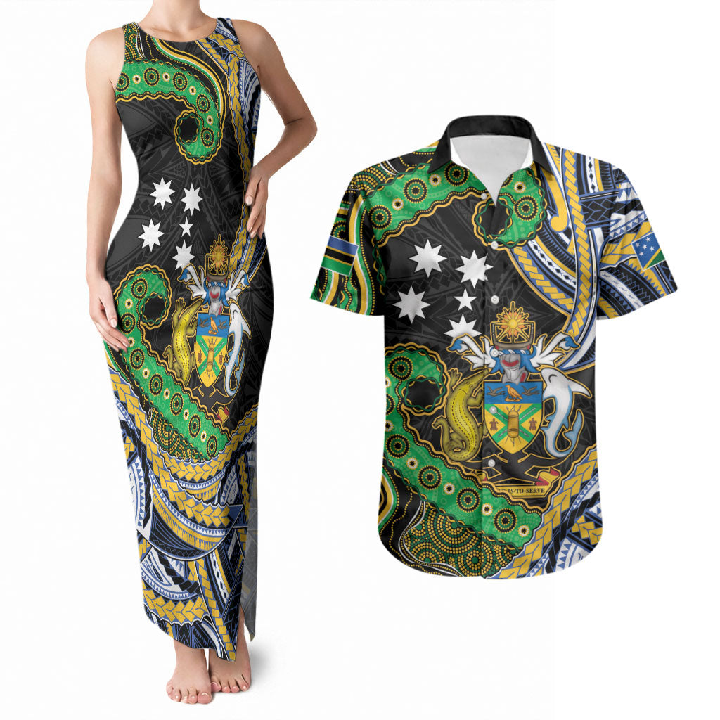 South Sea Islanders And Solomon Islands Couples Matching Tank Maxi Dress and Hawaiian Shirt Solomons Coat Of Arms And Southern Cross DT05 Black - Polynesian Pride