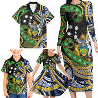 South Sea Islanders And Solomon Islands Family Matching Long Sleeve Bodycon Dress and Hawaiian Shirt Solomons Coat Of Arms And Southern Cross DT05 - Polynesian Pride