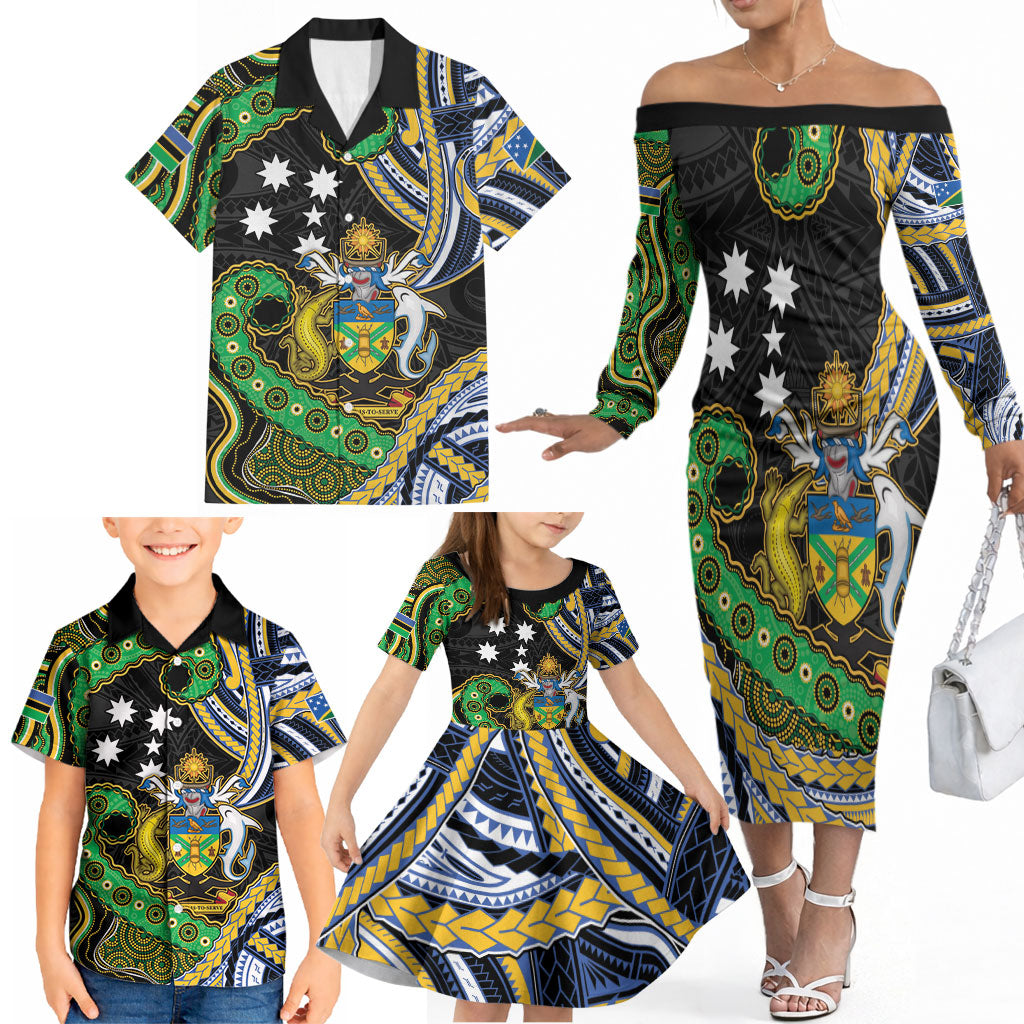 South Sea Islanders And Solomon Islands Family Matching Off The Shoulder Long Sleeve Dress and Hawaiian Shirt Solomons Coat Of Arms And Southern Cross DT05 - Polynesian Pride