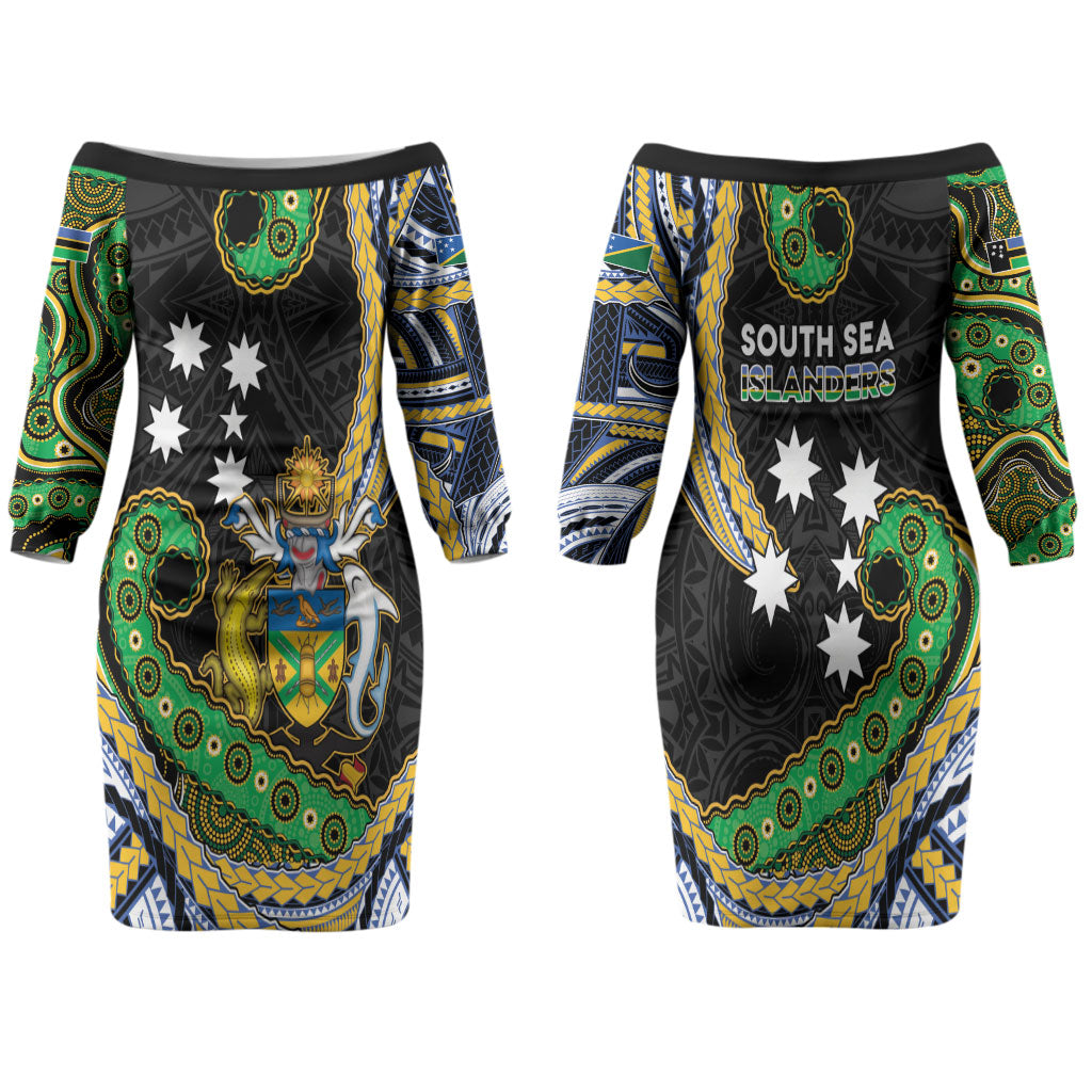 South Sea Islanders And Solomon Islands Family Matching Off The Shoulder Long Sleeve Dress and Hawaiian Shirt Solomons Coat Of Arms And Southern Cross DT05 Mom's Dress Black - Polynesian Pride
